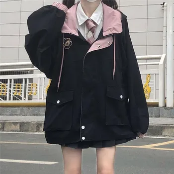 Koreanere Preppy Stil Løse Toppe Kvindelige Casual Studerende Jakke Efteråret Skole Piger Pels Streetwear Ensfarvet Pink Sort Outwear