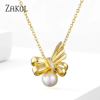ZAKOL Mode Cubic Zirconia Kæde Bue Guld & Sølv Farve Perle Vedhæng Neckalces Søde Kvinder Smykker Pige Gave