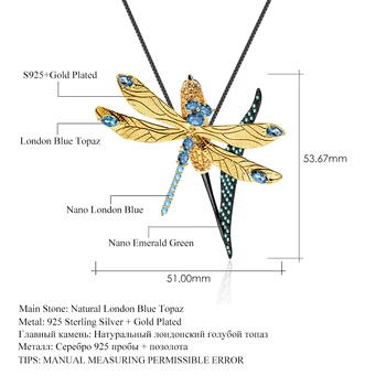 PERLE ' S BALLET Naturlige London Blå Topaz Dragonfly Hvede ører Brocher For Kvinder 925 Sterling Sølv Forgyldt Dyre-og Hvidguld