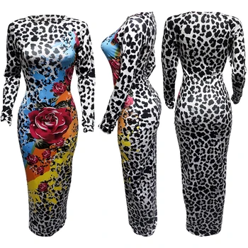 Solid Farve Graffiti Blomster Leopard Print Lange Ærmer Sexet Vintage Bodycon Kjole Nye Ankomst Efteråret Hot Stil Kvinder Outfits