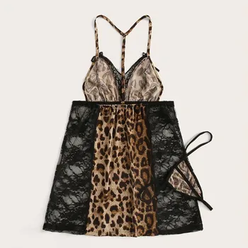 Sexet Kvinder Bh-Sæt Leopard Lace Nightdress Med Leopard G-Streng Backless Sexet Undertøj, Nattøj Undertøj Wire Gratis Mujer