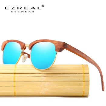 EZREAL Polariseret Træ Solbriller Lagdelt Halvdelen træramme Square Stil for Kvinder Bambus Solbriller Mænd, I Træ Boks