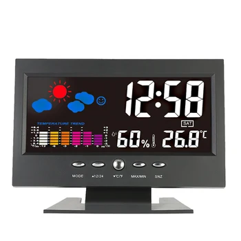 Stemmestyring LCD-Tv med Termometer Ure Indendørs Luftfugtighed Overvåge Elektronisk Digital Visning af Temperatur Alarm Kalender