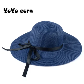 YOYOCORN Sommeren Strå Hat Kvinder Store Wide Brim Strand Hat solhat Sammenklappelig solcreme UV-Beskyttelse Panama Hat