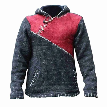 Vintage Strikket Hooded Sweater Mænd Vinter Varm Tyk Lange Ærmer Pullover Jumper Foråret Mandlige Plus Size Patchwork Hoodie Toppe
