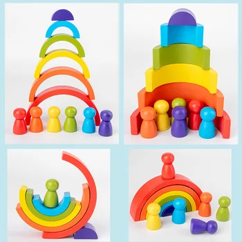 Baby Legetøj Rainbow Træ-Legetøj Halvcirkel Byggesten Rektangulær Bord Pegdolls Geometriske Træ-Legetøj For Børn, Uddannelse