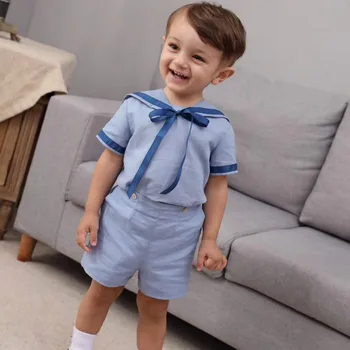 Spanske Børns Bomuld kortærmet Piger Dress Flåde Vind Britiske Prinsesse Kjole Drenge Trøje+bukser Sisiter og Bror Tøj