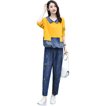 2021 foråret kvinders mode plus size Patchwork denim, toppe+slidte jeans passer kvindelige vintage store to-delt sæt