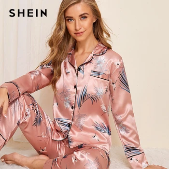 SHEIN Pink Kran og Blade Print Satin Pyjamas Sæt Kvinder Efteråret Casual Kort Ærme Lomme Nattøj Lange Bukser, Pyjamas Sæt