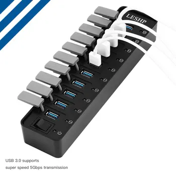10 Porte USB 3.0 Hub Høj Hastighed 5 gbps USB 3.0-Data-Hub-Splitter med LED & Skifte Ekstern Strømforsyning til Bærbare PC US-Stik