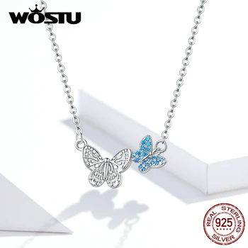 WOSTU Ægte 925 Sterling Sølv Par Flyvende Sommerfugl Halskæde Blue Zircon Kæde Til Kvinder Elsker Heldig Smykker FIN384