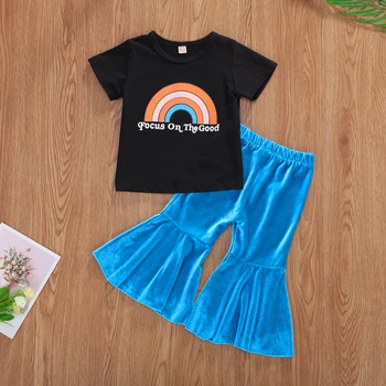 To-piece Børn Tøj, Piger Korte Ærmer Rainbow og Bogstav Print T-shirt ensfarvet Blusset Bukser