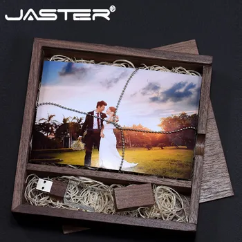 JASTER USB2.0 valnød træ kasse (170 * 170) flash disk crystal pen-drev 4G 8G 16G 32G 128GB 64G U disk bryllup jubilæum gave