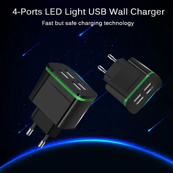 4 Ports USB-Oplader EU-Hurtig Oplader Til iPhone, Samsung, Huawei 5V 4A Mobiltelefon Universal Hurtig Opladning LED-Lys-Væg Adapter