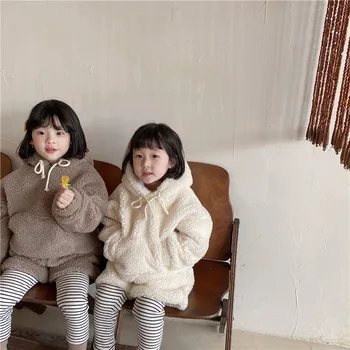 2020 Vinter Nye koreanske Børn Plus Velvet Fortykkelse Falske To-piece Suit Pige Mao Mao Pullover Børn Flannel Sæt Baby Buksetrold