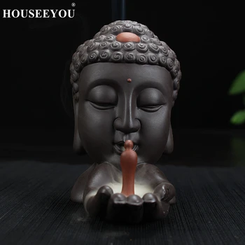 HOUSEEYOU Tilbagestrømning Røgelse Brænder Keramiske Buddha Røgelse Indehaveren Aromaterapi Home Decor Buddhistiske Pande + 20Pcs Røgelse Kegler
