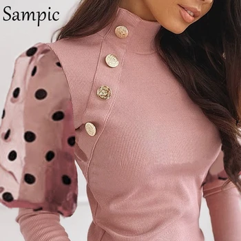 Sampic casual pink-knappen mode pullovere sweater toppe kvinder mesh patchwork rullekrave puff dot lange ærmer strikket sweater