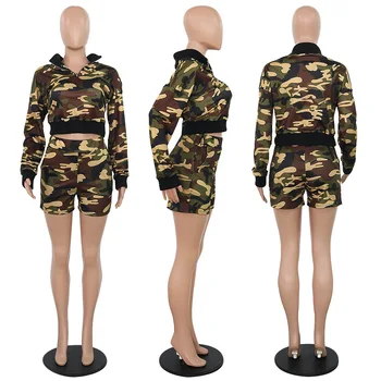 Camouflage Træningsdragt Kvinders Turn-down Krave Afgrøde Toppe og Shorts, der Passer Matchende Sæt Lynlås Udstyr todelt Dragt Plus Størrelse XXL