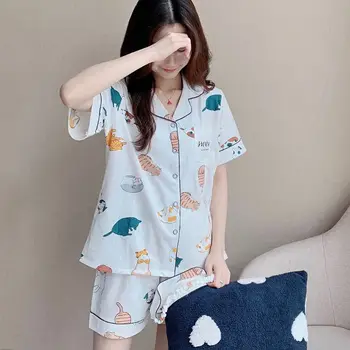 Japansk Stil Kvinder Sommer Bomuld Pyjamas Sæt Kawaii Tegnefilm Miaver Katten Korte Ærmer Nattøj Revers V-Hals Loungewear