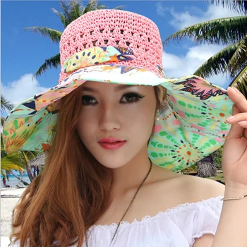 2019 Sommeren Kvinder Floppy Hule Åndbar Halm Bucket Hat-String Bue Wide Brim print Fiskeri Hatte Beach Sun Protection Caps