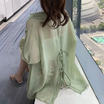 2020 Sommeren Solid Farve snøre Toppe Mid-længde Niche Designer Bluse Kvinder Japan koreansk Stil Efteråret Kvindelige Casual Skjorter