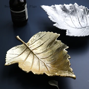 WSHYUFEI Guld-belagt aluminium bakke hjem desktop frugt model værelses soft maple leaf multifunktionelle smykker opbevaring smykker