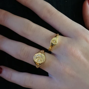 Guld Fyldt geometriske cz stjerne ring europæiske kvinder, damer enkle fine måne, stjerne smykker 2019 drop shipping fabrik billige ring