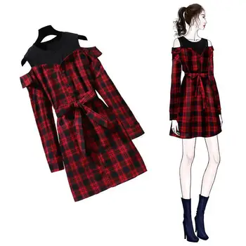 Foråret Falder koreansk Stil Sød Rød Ternet Skjorte Kjole med Lange Ærmer med Bælte Mini Kjole A-line Polyester Fuld Over Knæ, Mini