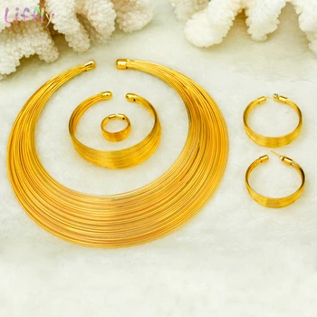 Liffly Dubai Smykker Sæt til Kvinder Brude Gave Mode Metal Wire Choker Halskæder, Armbånd, Øreringe og Ring Kjole Bryllup Smykker
