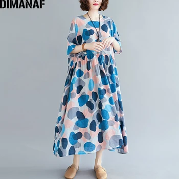 DIMANAF Sommeren Oversize Print Kjole Sundress Kvinder Tøj Beach Style Elegant Dame Vestidos Bomuld, Casual Løs Plus Size Blå
