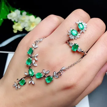 Udsøgte smykker grønne smaragd-ædelsten ring øreringe halskæde smykker sæt kvinder 925 sterling sølv natural perle julegave