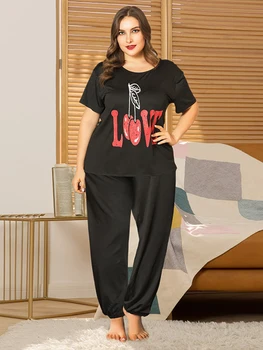 DOIB Kvinder Sort Pyjamas Sæt Kærlighed Brev Print T-Shirt+Lange Bukser Plus Size Nattøj Homewear To Stykker, der Passer Nattøj