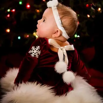 Jul Passer til 3stk lille Barn Snefnug Print-O-Hals Lange Ærmer Rompers + Plys Kort Nederdel + Bold Hårbånd Sæt til Baby Piger