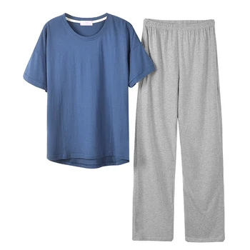 BZEL Solid Bomuld Pyjamas Sæt O-Hals Blå kortærmet Grå Lange Bukser Simpel Løs Hjem Tøj Til Plus Size Kvinder Nighty M-XXL