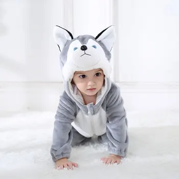 Umorden Baby Husky Hund Kostume Kigurumi Tegnefilm Dyr Rompers Spædbarn Barn Buksedragt Flannel Halloween Fancy Kjole