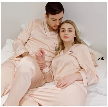 Par Silke Pyjamas Med Lange Ærmer Satin Pyjamas Lounge Par Pyjamas Sæt, Familie, Pijama Elsker Natten Passer Til