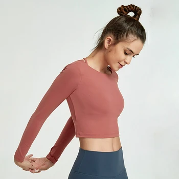 SHINBENE Sexet Almindelig Backless Yoga Sport langærmede Shirts Kvinder Slim Fit Anti-sved Fitness Workout Fitness Beskåret Toppe, S-XL
