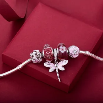 Pink dragonfly stil perler 925 Sterling Sølv perler charms passer Armbånd Aldrig ændre farve DDBJ018-F