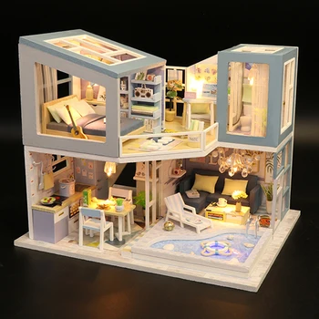 Hånd-samlet DIY Mini Dukke Hus Kits Modeller Sommerhus Ingen Støv Cover Kids Legetøj
