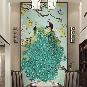 Brugerdefinerede Foto Tapet 3D Kinesisk Stil Peacock Blomster Og Fugle Vægmalerier Stue Spisestue Undersøgelse Indgang vægmaleri 3D