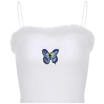 2020 Sommeren Afslappet Plys Spaghetti Strop Top Kvinder Hvid Sød Afgrøde Toppe T-shirts med Broderi Butterfly Cami Top Damer Bomuld