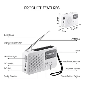 Emergency Radio med Sol og Håndsving Self Drevet, Batteri, USB-Opladning FM/AM-Radio LED Lommelygte Telefon Oplader