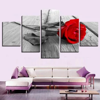 HD Hjem Dekoration Lærred Billeder Stue Moderne 5-Panel Rød Rose Blomster Trykt Maleri Væg Kunst, Modulære Plakat