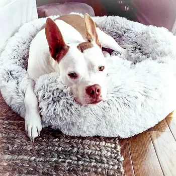 Dropship Faux Fur Ortopædiske Hund Senge Donut Kat Pet Bed for Dropship Cama Perro Hunde - Selvstændig Opvarmning Indendørs Runde Pude Cuddler
