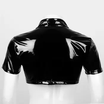 Fashion Herre Jakke T-Shirts Patent Læder Skinnende Overdele Biker Jakke Moto Clubwear Kostumer Frakke med Front Popper Knappen
