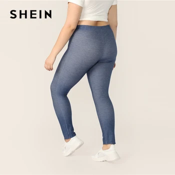 SHEIN Plus Size Blå Høj Talje Lange Soild Leggings 2019 Kvinder Forår Sommer Casual Mode Tynde Elastiske Sporty Leggings