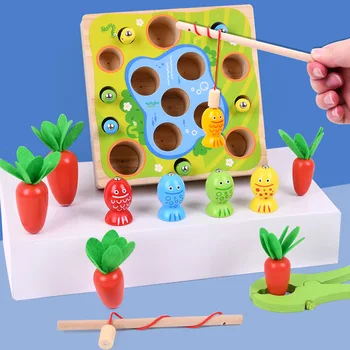 Montessori Træ Legetøj Magnetiske Fange Ormen Trække Radise Toy Trække sig Ud Gulerod 3 i 1 Toy Tidlig Pædagogisk Forældre-barn Samspil