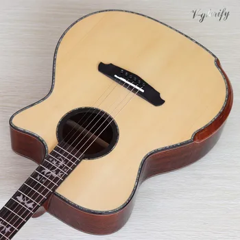 Hånd lavet 6 string akustisk guitar højglans 41 tommer solid spruce top blomst gribebræt med radian hjørne abaloneskal kant