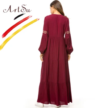ArtSu 2018 Retro Etniske Robe Femme Bourgogne Kvinder Med Lange Ærmer Geometriske Broderi Efteråret Maxi Kjole Plus Size Plisserede Vestido