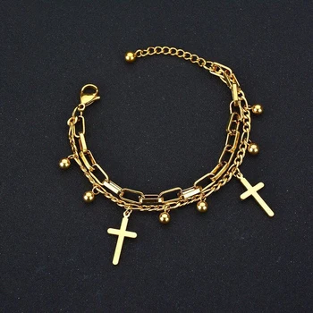 MxGxFam Religiøse Cross Charm Armbånd 2 line Smykker Til Kvinder 316L titanium stål, Guld Farve 17 cm +3,5 cm No Fade